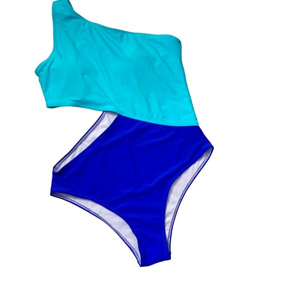 SweatyRocks One Shoulder Cut Out One Piece Swimsuit Size Large Two Tone Blue - Picture 3 of 13